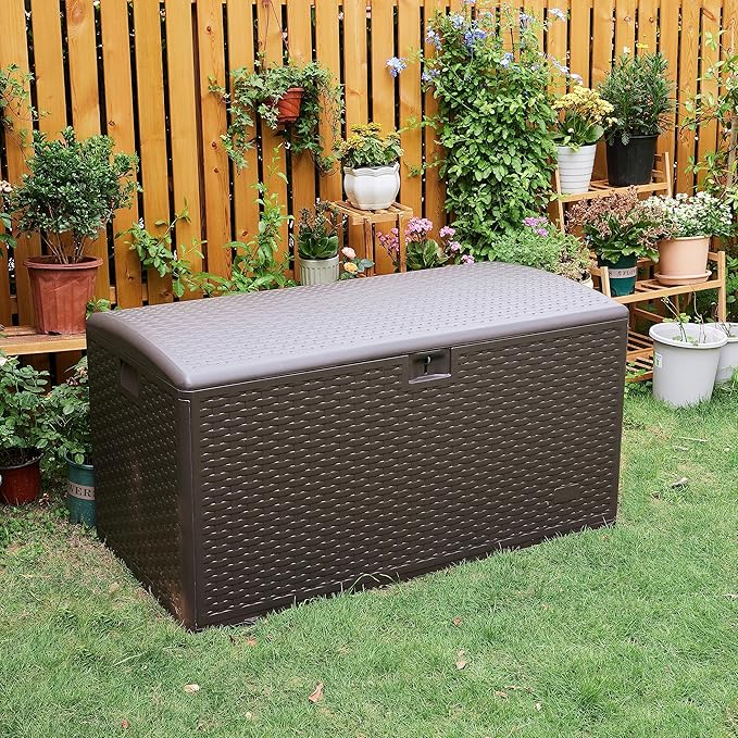 Amazon Basics Outdoor Organization & Storage Deck Box with Lid, 99 Gallon, Brown-VerdiqueGarden